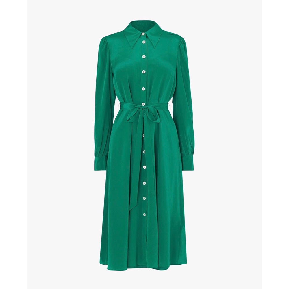 LK Bennett Silk Dress- Runa green button front Long Sleeve midi Shirt Dress - Picture 2 of 8